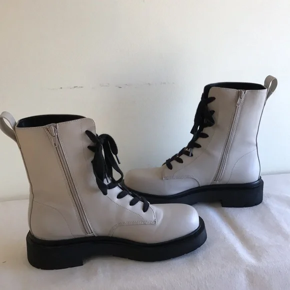 H&M Sz 41 combat boots white vegan leather black chunky sole black lace side zip - Picture 5 of 8